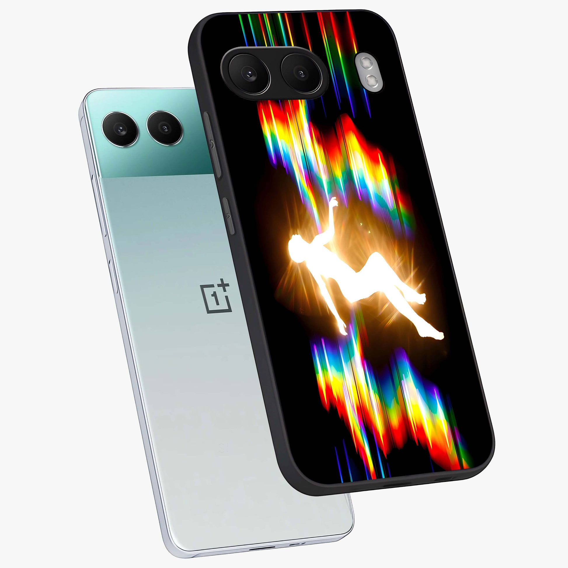 Soul in Spectrum Glass Case for 1+Nord 4 angled mockup showcasing glossy finish and vibrant gradient detailing