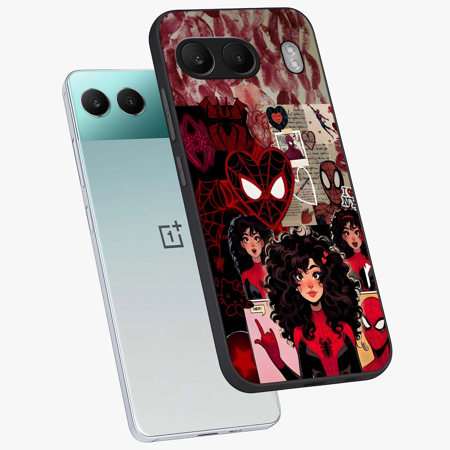 Spider Love Story Glass Case for 1+Nord 4 angled mockup showcasing glossy finish and vibrant comic style detailing