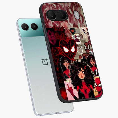Spider Love Story Glass Case for 1+Nord 4 angled mockup showcasing glossy finish and vibrant comic style detailing