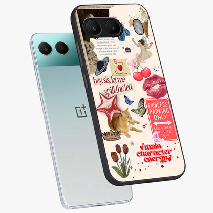 Spill the Tea Retro Collage Glass Case for 1+Nord 4 angled mockup showcasing glossy finish and bold retro detailing