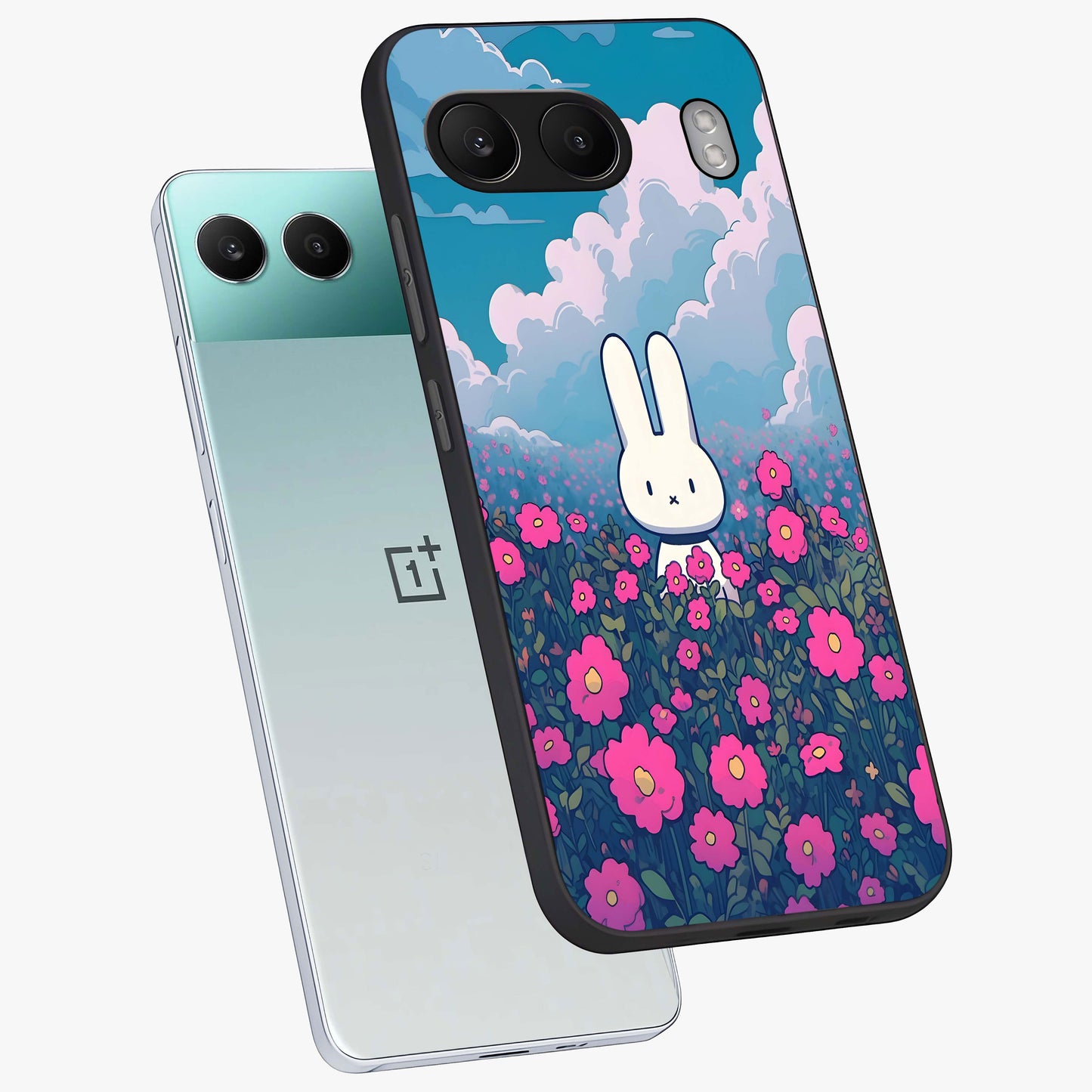 Springtime Blossom Bunny Glass Case for 1+Nord 4 angled mockup showcasing glossy finish and soft pastel tones