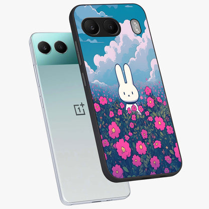 Springtime Blossom Bunny Glass Case for 1+Nord 4 angled mockup showcasing glossy finish and soft pastel tones
