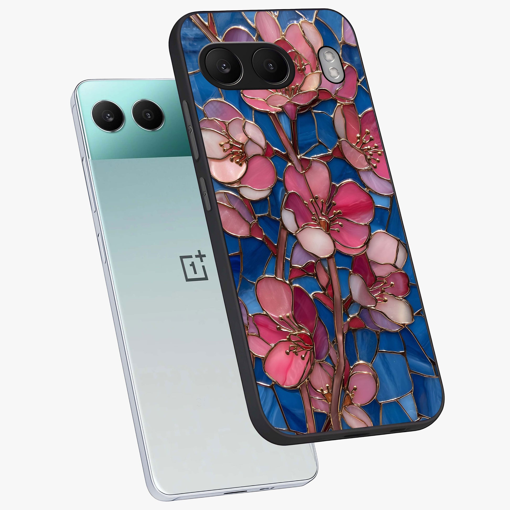 Stained Bloom Grace Glass Case for 1+Nord 4 angled mockup showcasing glossy finish and vibrant mosaic tones