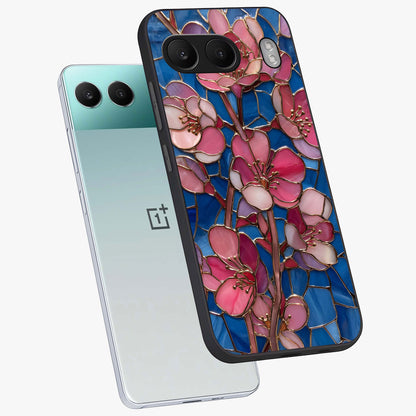 Stained Bloom Grace Glass Case for 1+Nord 4 angled mockup showcasing glossy finish and vibrant mosaic tones
