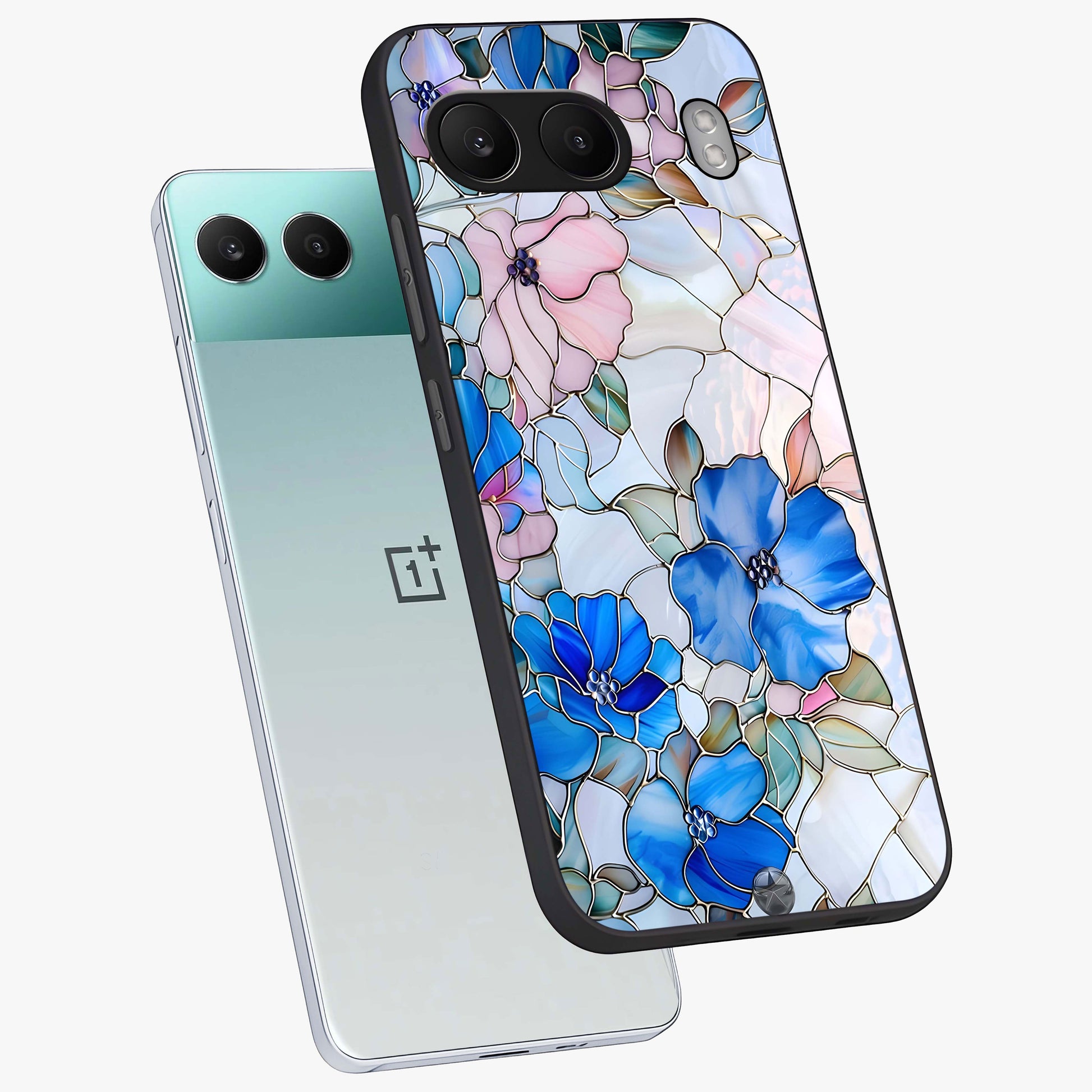 Stained Blue Floral Glass Case for 1+Nord 4 angled mockup showcasing glossy glass finish and rich sapphire tones