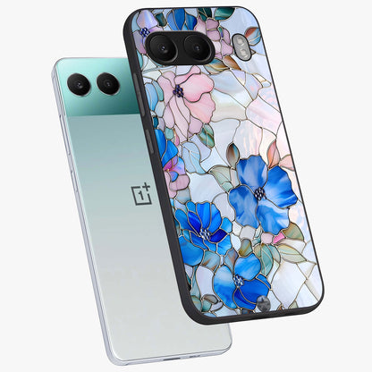Stained Blue Floral Glass Case for 1+Nord 4 angled mockup showcasing glossy glass finish and rich sapphire tones