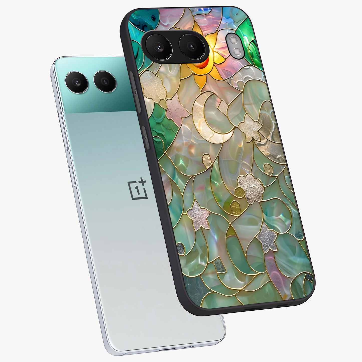 Stained Sunrise Glow Glass Case for 1+Nord 4 angled mockup showcasing glossy finish and warm golden gradients