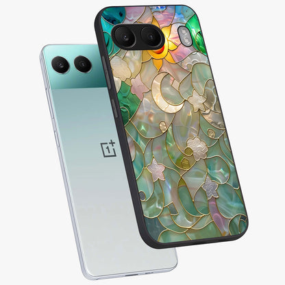 Stained Sunrise Glow Glass Case for 1+Nord 4 angled mockup showcasing glossy finish and warm golden gradients