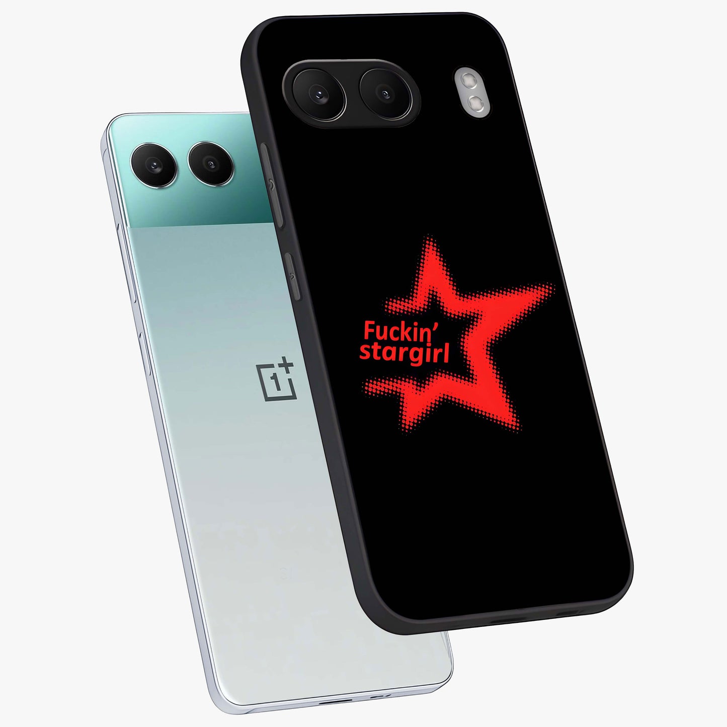 Starboy and Stargirl Energy Glass Case for 1+Nord 4 angled mockup showcasing glossy finish and vibrant cosmic tones