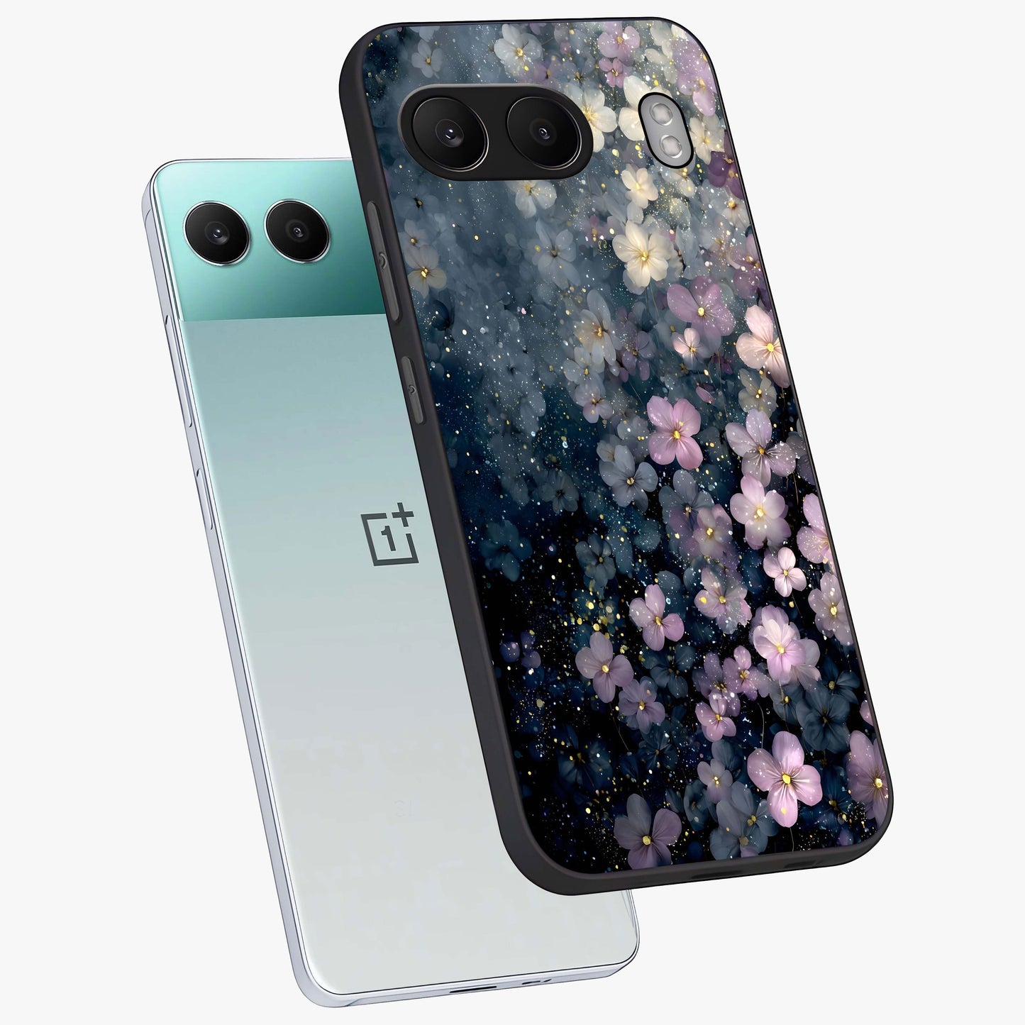 Starlit Blossom Dreams Glass Case for 1+Nord 4 angled mockup showcasing glossy finish and soft celestial detailing