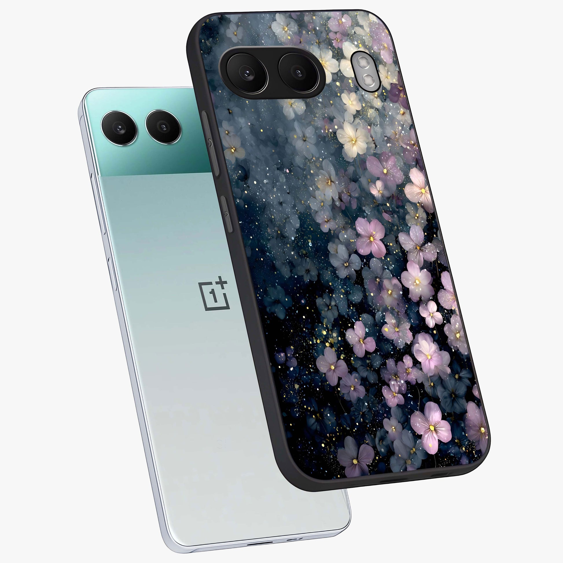 Starlit Blossom Dreams Glass Case for 1+Nord 4 angled mockup showcasing glossy finish and soft celestial detailing