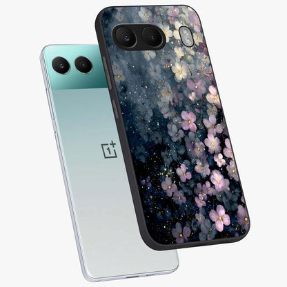 Starlit Blossom Dreams Glass Case for 1+Nord 4 angled mockup showcasing glossy finish and soft celestial detailing
