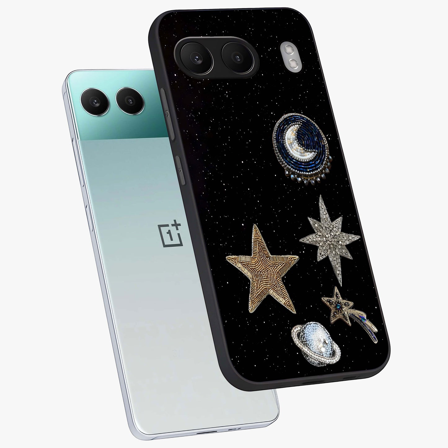 Starlit Cosmic Dreams Glass Case for 1+Nord 4 angled mockup showcasing glossy finish and deep space gradients