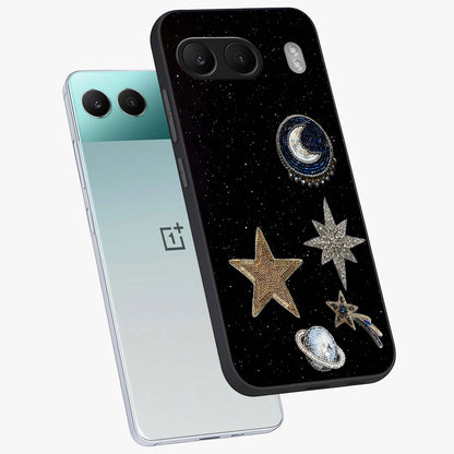 Starlit Cosmic Dreams Glass Case for 1+Nord 4 angled mockup showcasing glossy finish and deep space gradients