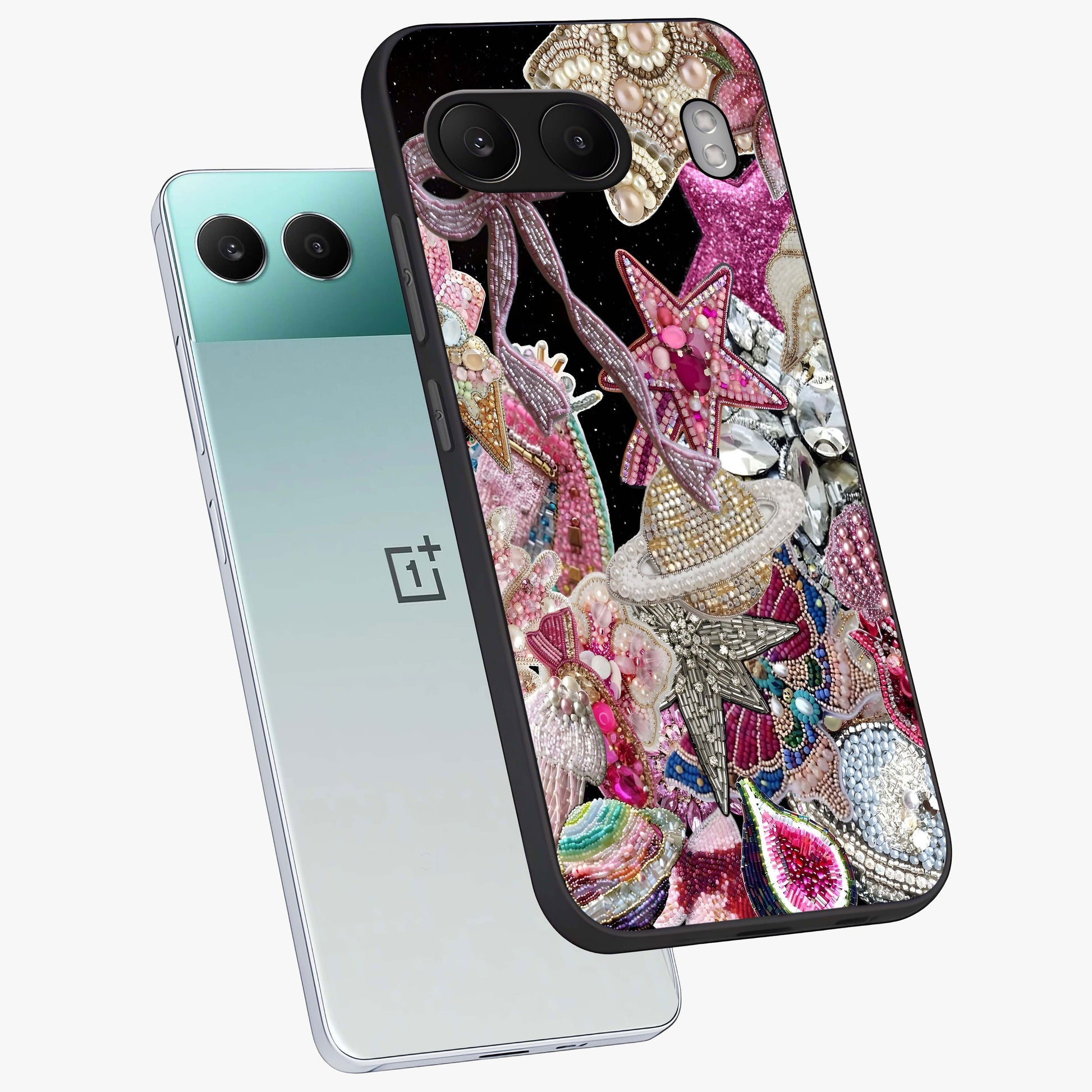 Starlit Jewel Dream Glass Case for 1+Nord 4 angled mockup showcasing glossy finish and radiant detailing