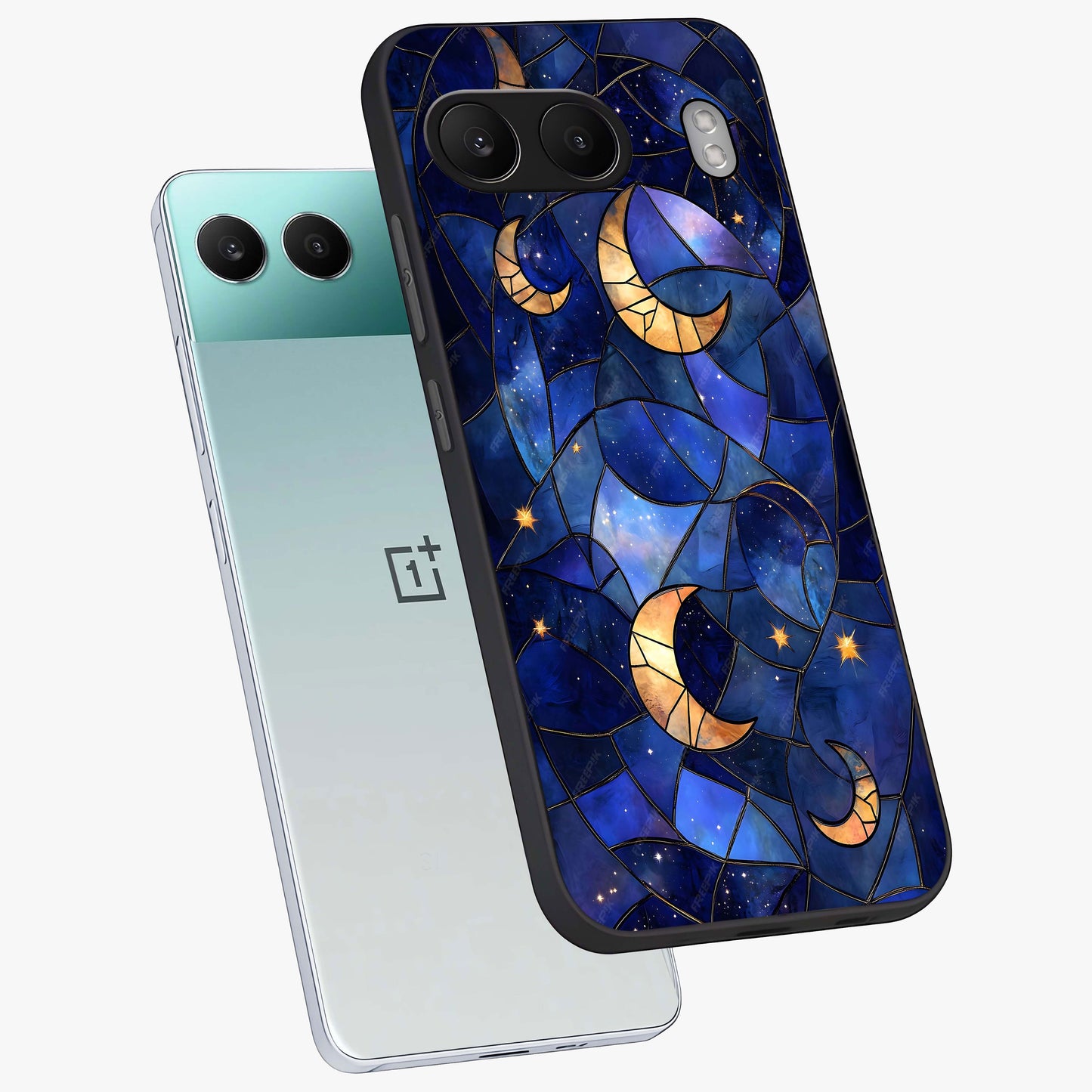 Starlit Sky Tapestry Glass Case for 1+Nord 4 angled mockup showcasing glossy finish and rich night tones