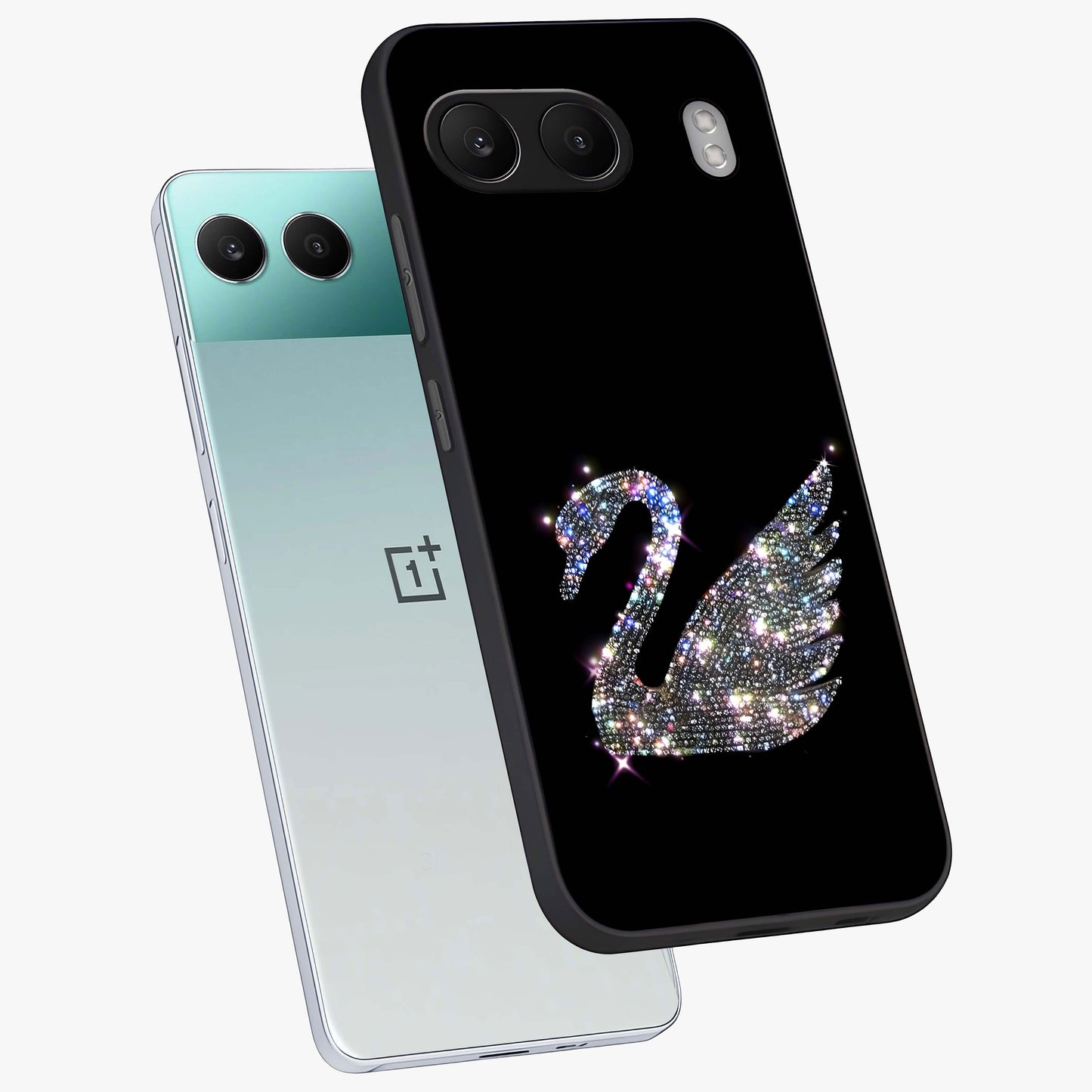 Starlit Swan Grace Glass Case for 1+Nord 4 angled mockup showcasing glossy finish and serene celestial tones
