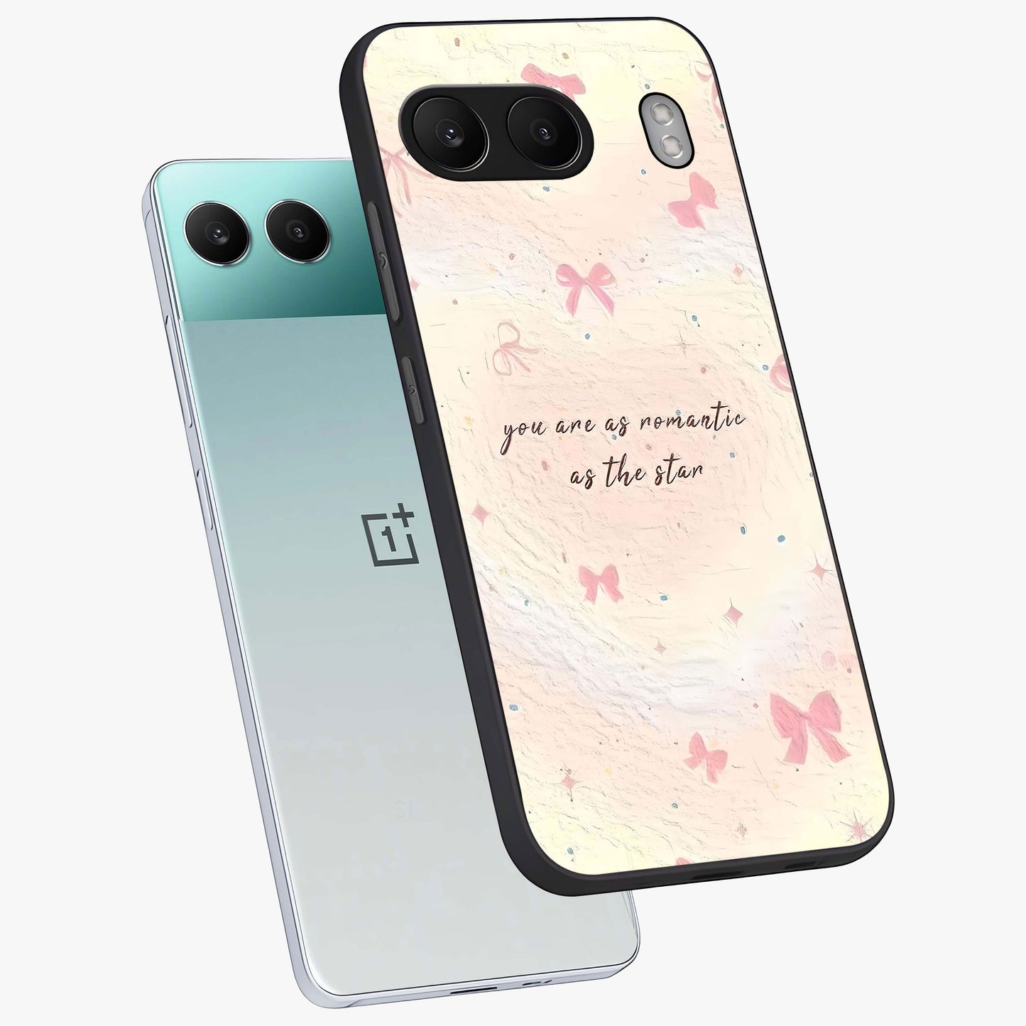 Starry Bow Romance Glass Case for 1+Nord 4 angled mockup showcasing glossy finish and soft dreamy tones