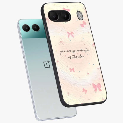 Starry Bow Romance Glass Case for 1+Nord 4 angled mockup showcasing glossy finish and soft dreamy tones
