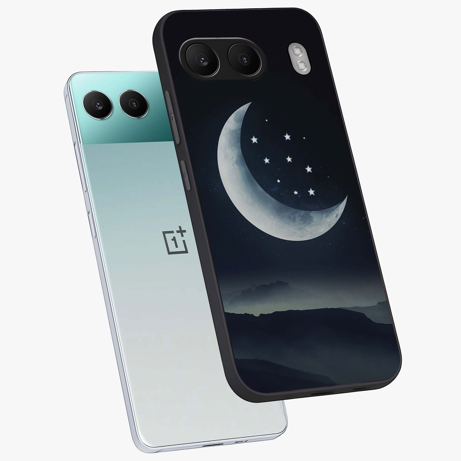 Starry Moon Pattern Glass Case for 1+Nord 4 angled mockup showcasing glossy glass finish and deep night tones