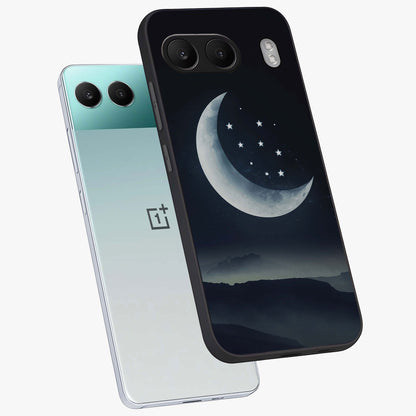 Starry Moon Pattern Glass Case for 1+Nord 4 angled mockup showcasing glossy glass finish and deep night tones