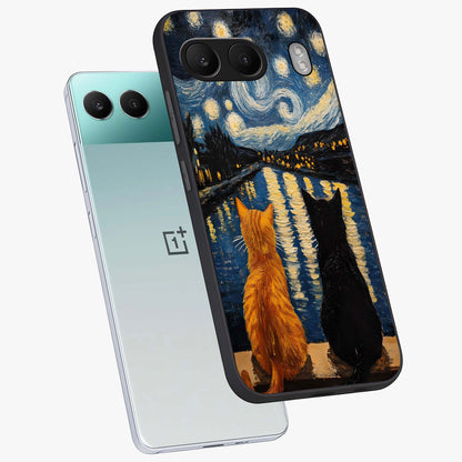 Starry River Cats Glass Case for 1+Nord 4 angled mockup showcasing glossy finish and soft cosmic detailing