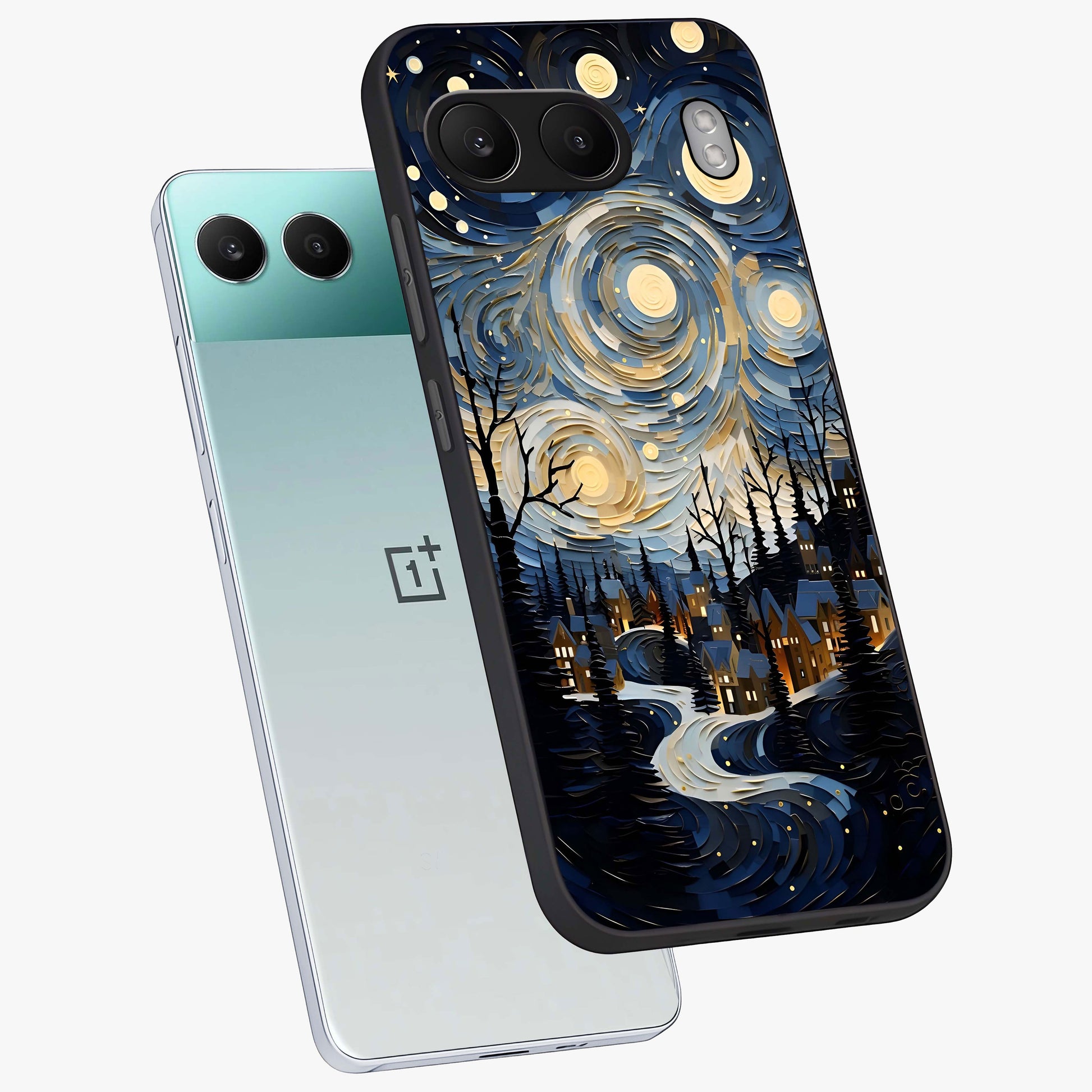 Starry Winter Town Glass Case for 1+Nord 4 angled mockup showcasing glossy finish and cool winter tones