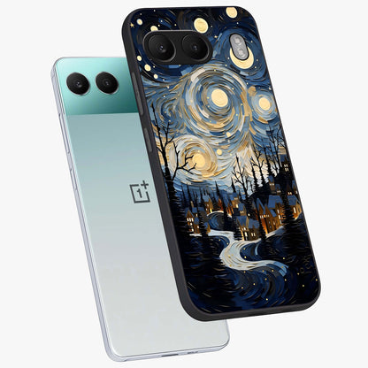 Starry Winter Town Glass Case for 1+Nord 4 angled mockup showcasing glossy finish and cool winter tones
