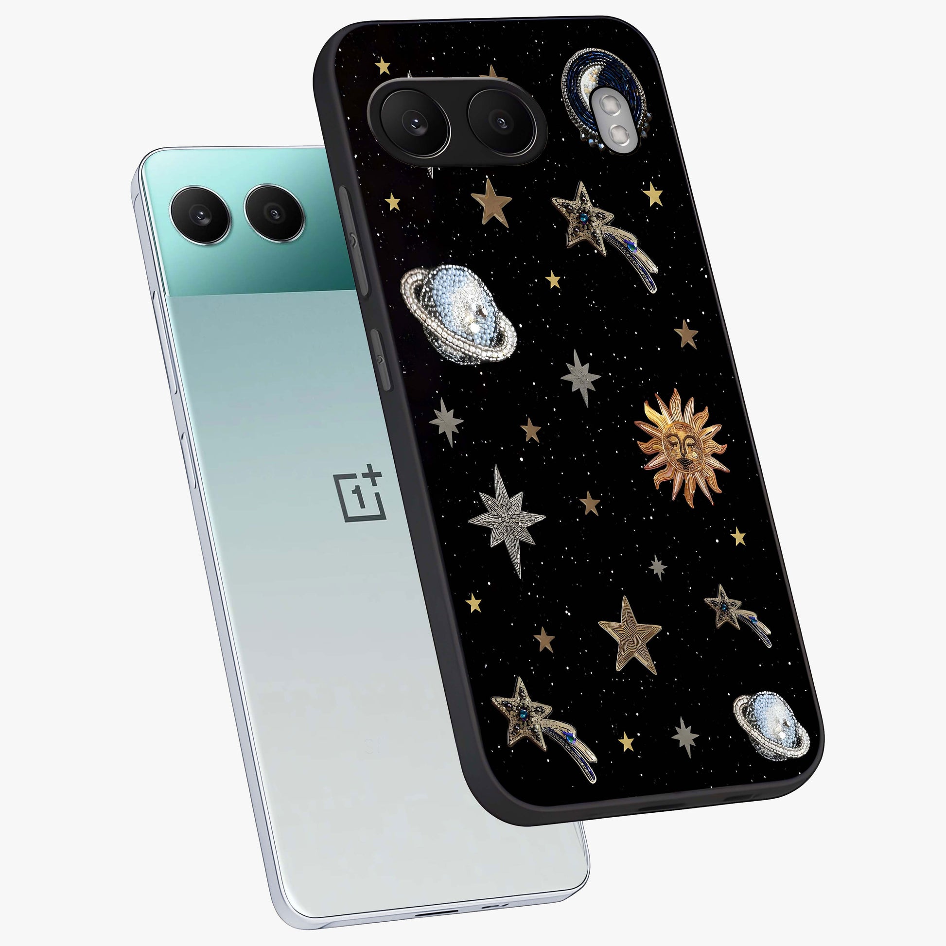 Stars and Planets Brooches Glass Case for 1+Nord 4 angled mockup showcasing glossy finish and luminous space tones