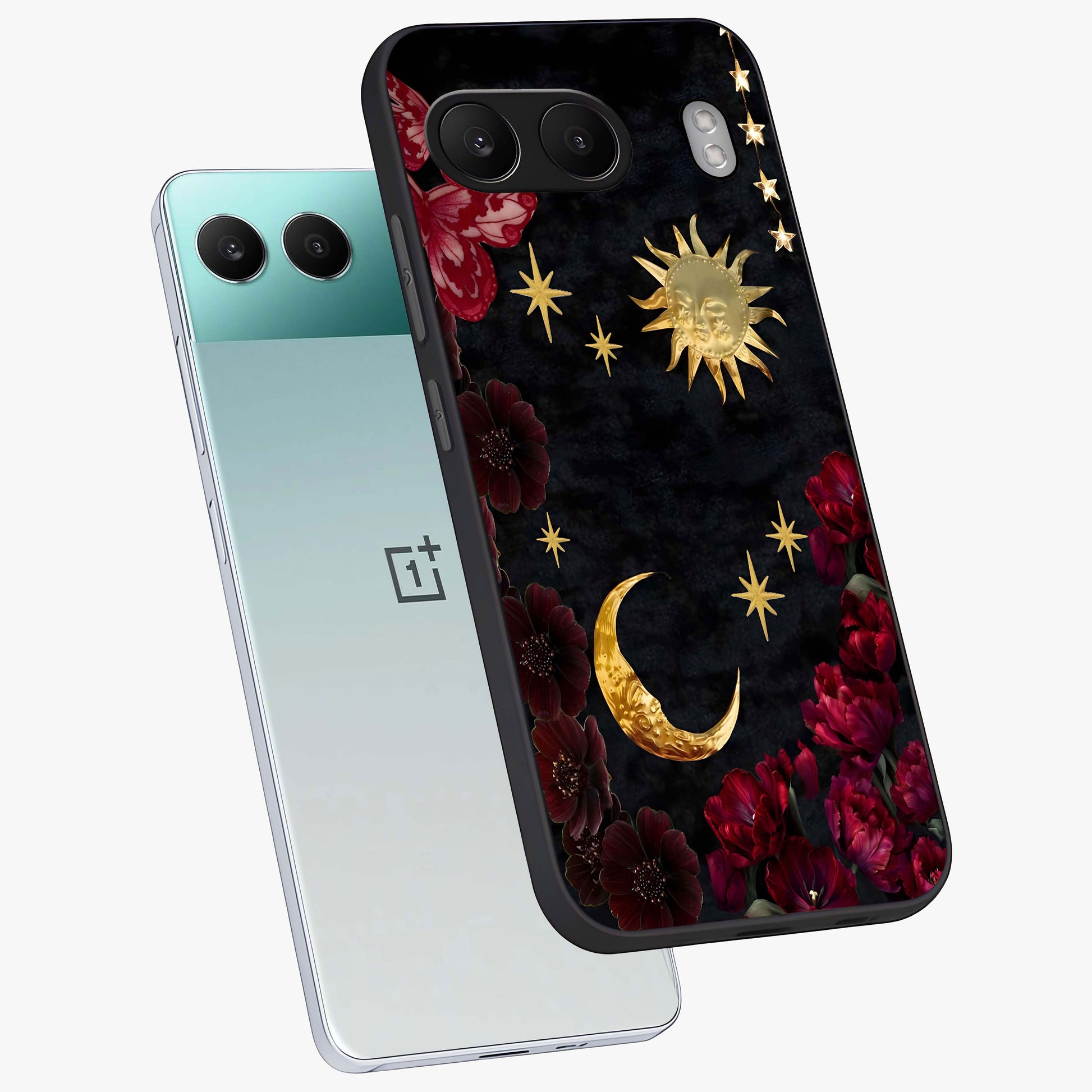 Sunflower Custom Name Glass Case for 1+Nord 4 angled mockup showcasing glossy glass finish and warm floral tones