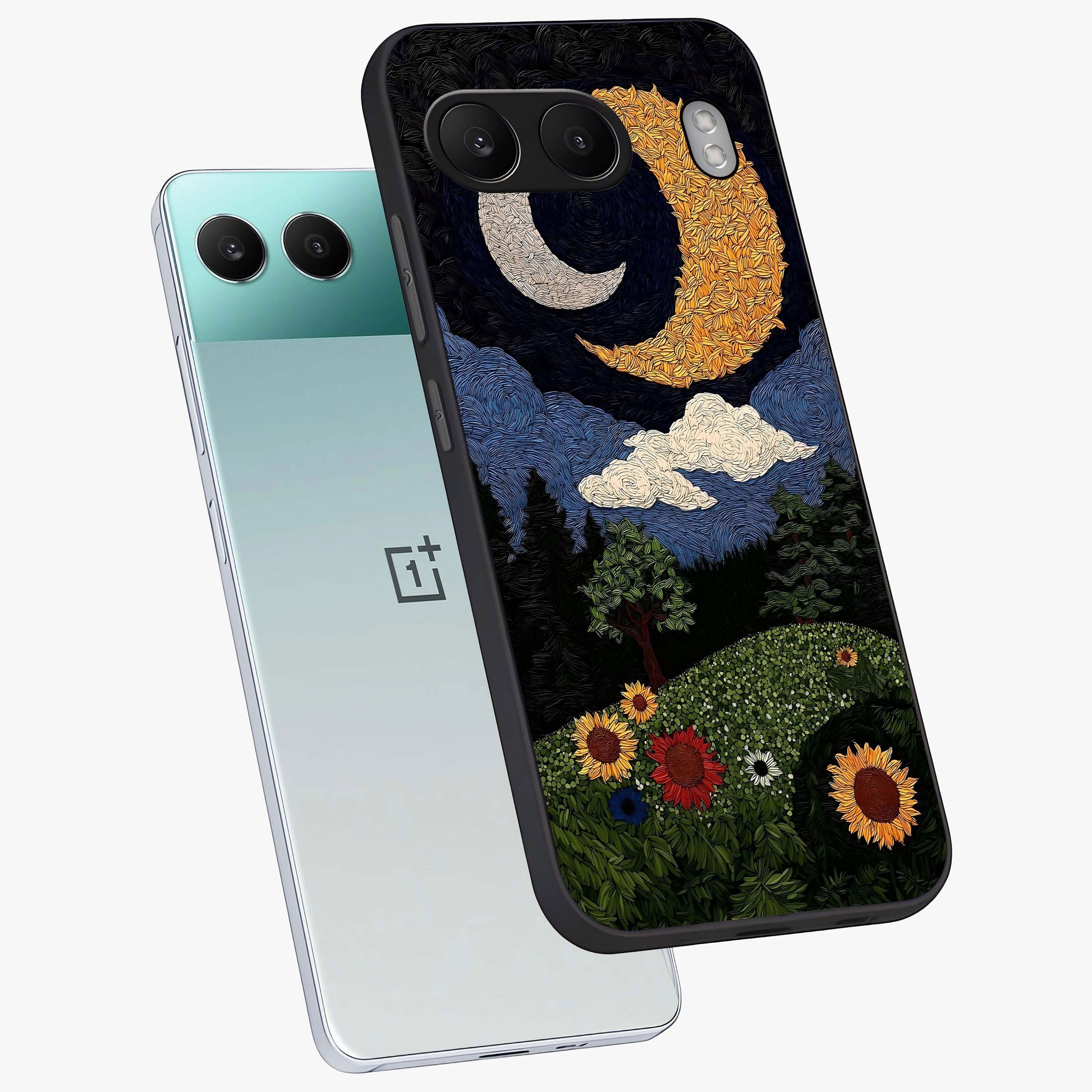 Sun and Moon Magic Design Glass Case for 1+Nord 4 angled mockup showcasing glossy finish and mystical gradient tones
