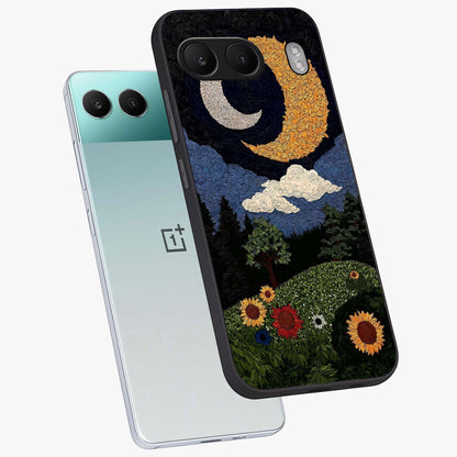 Sun and Moon Magic Design Glass Case for 1+Nord 4 angled mockup showcasing glossy finish and mystical gradient tones