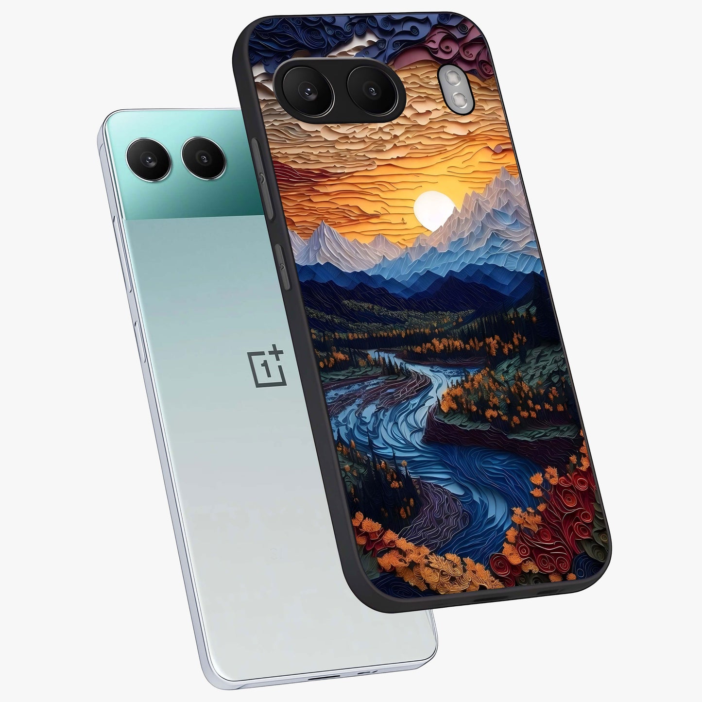 Sunrise River Dreams Glass Case for 1+Nord 4 angled mockup showcasing glossy finish and soft pastel gradients