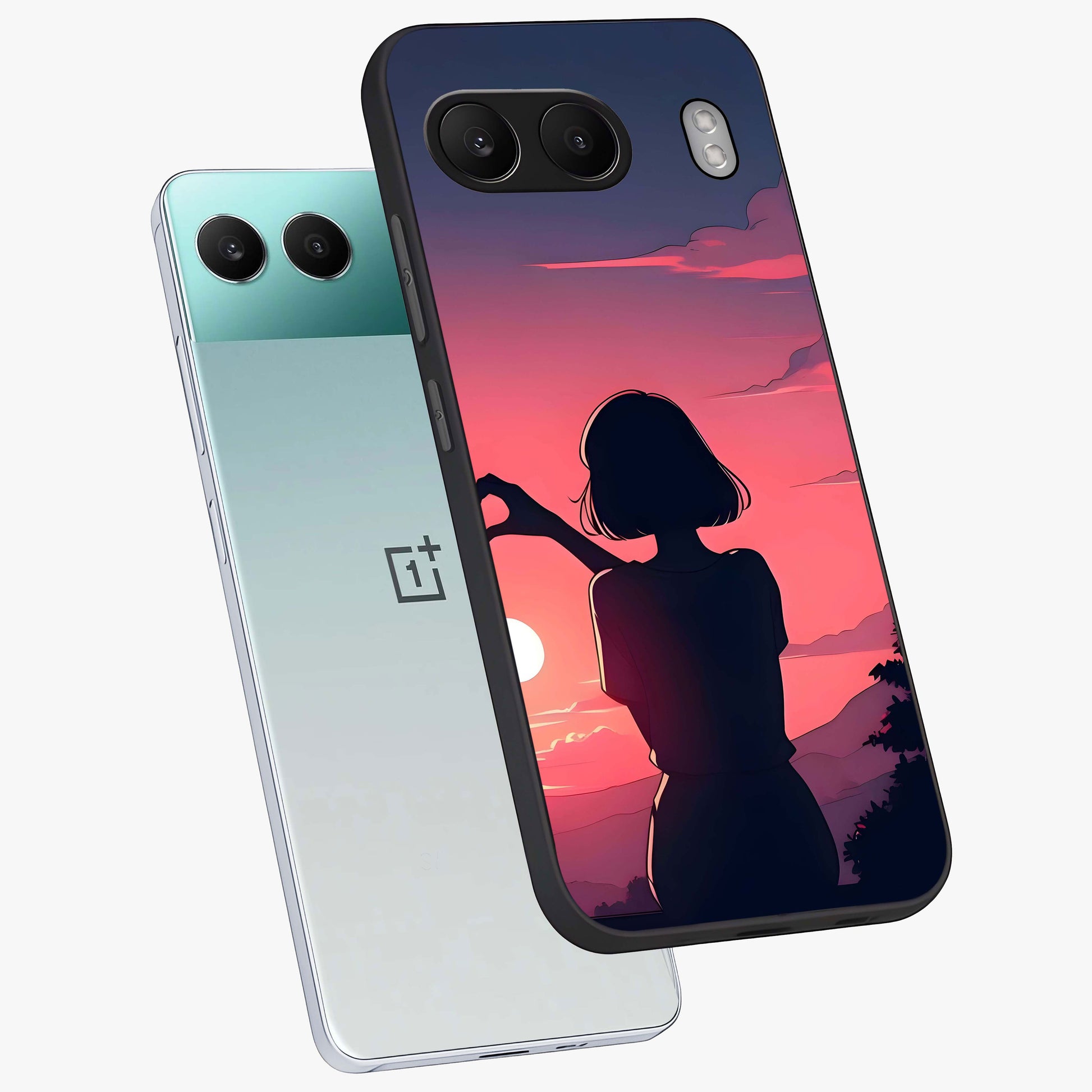 Sunset Silhouette Boy Glass Case for 1+Nord 4 angled mockup showcasing glossy finish and rich orange tones