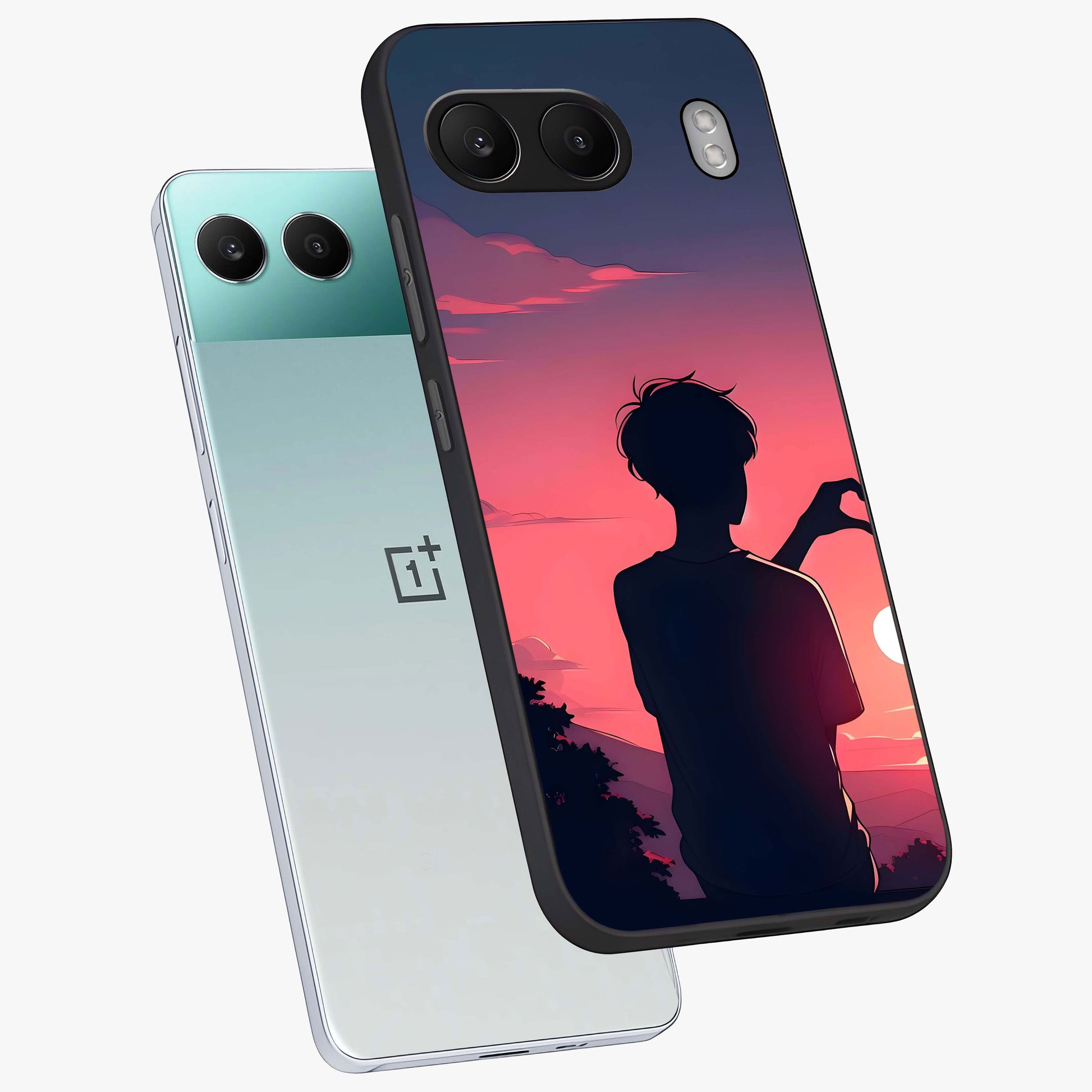 Sunset Silhouette Girl Glass Case for 1+Nord 4 angled mockup showcasing glossy finish and warm gradient tones
