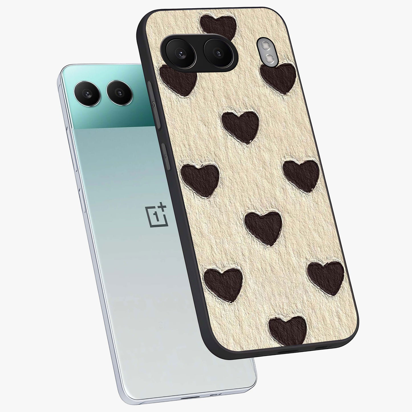 Textured Love Pattern Glass Case for 1+Nord 4 angled mockup showcasing glossy finish and subtle pattern detailing