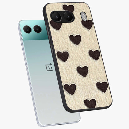 Textured Love Pattern Glass Case for 1+Nord 4 angled mockup showcasing glossy finish and subtle pattern detailing