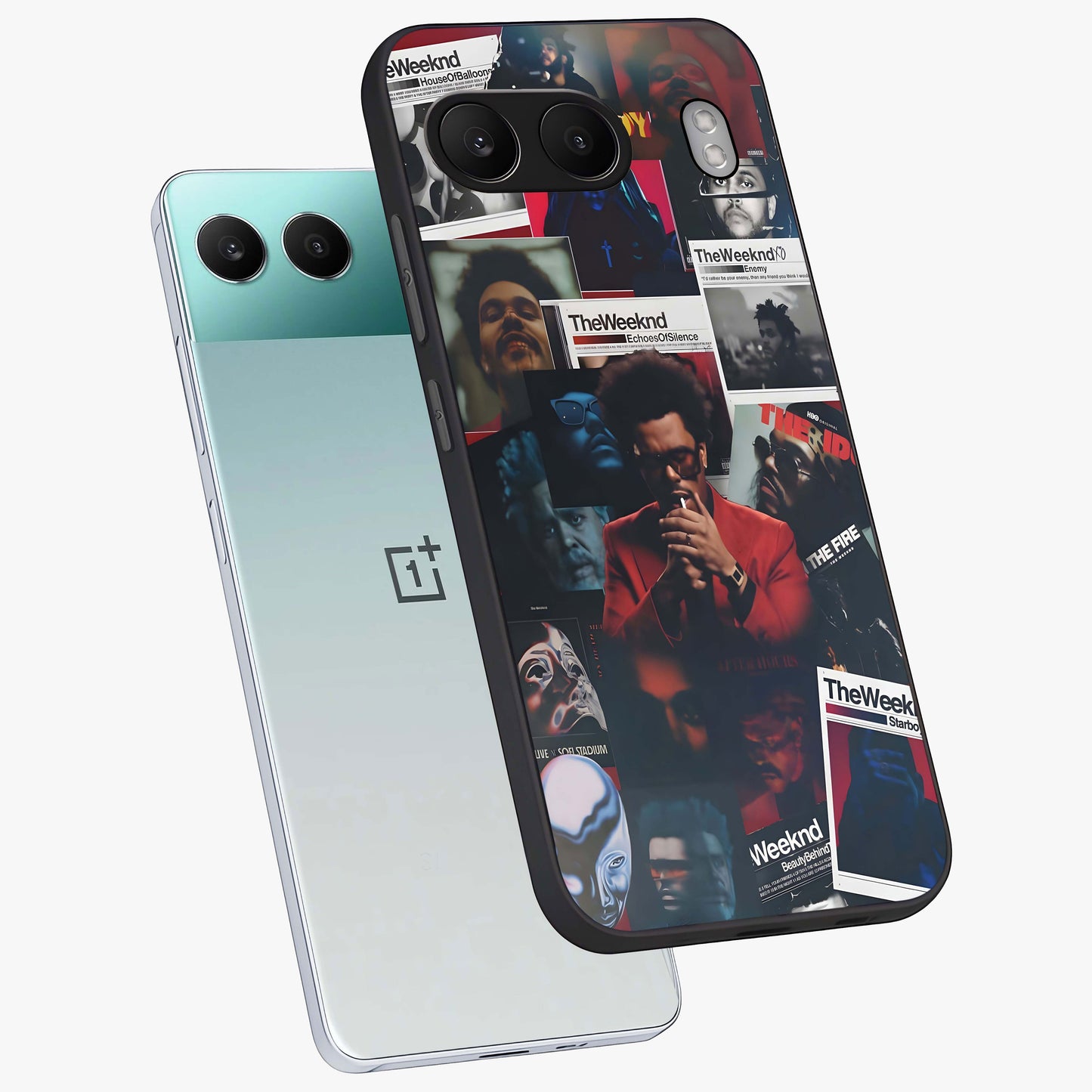 The Weeknd Glass Case for 1+Nord 4 angled mockup showcasing glossy finish and bold modern tones
