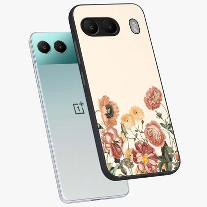 Timeless Garden Romance Glass Case for 1+Nord 4 angled mockup showcasing glossy finish and soft romantic tones