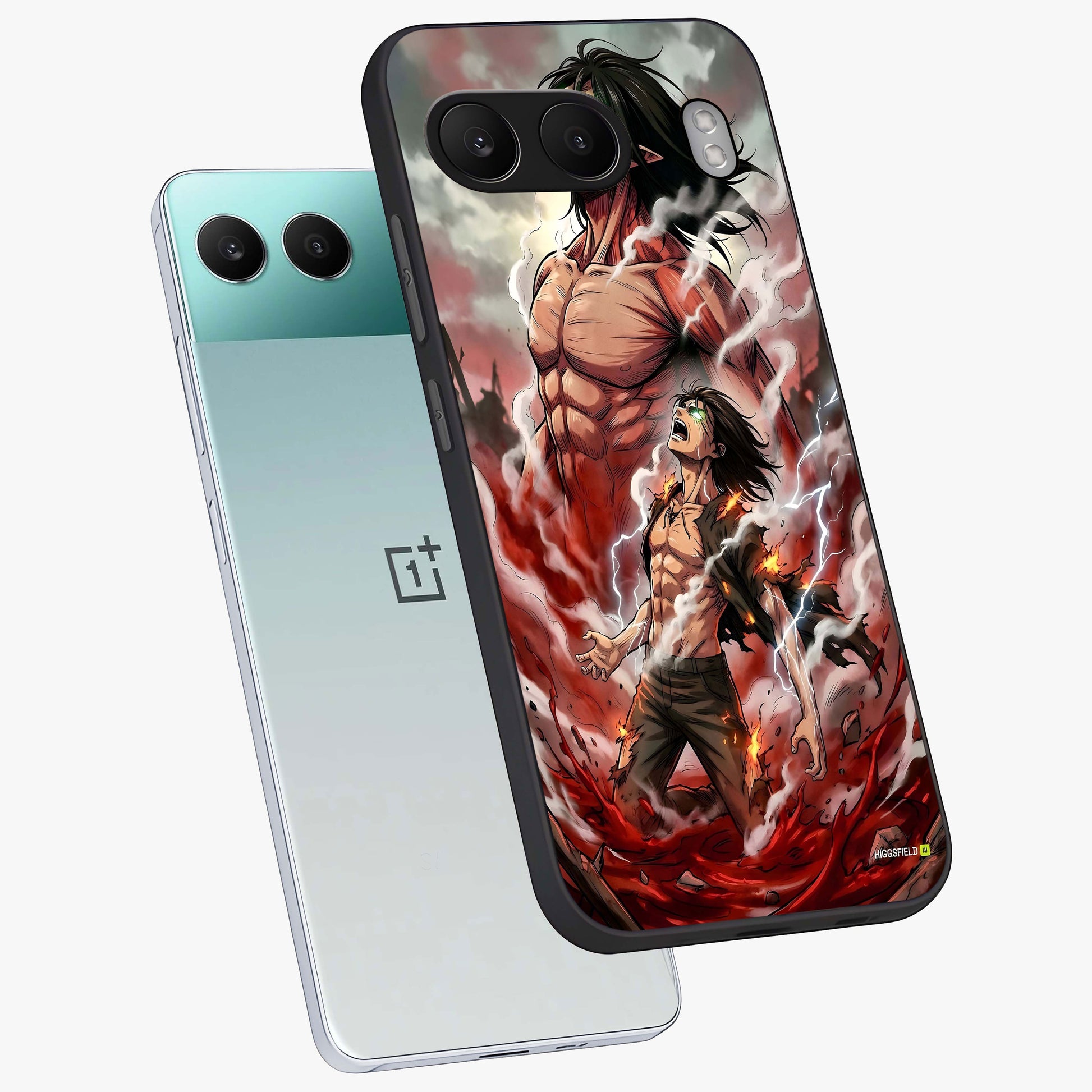 Titan Awakening Fury Glass Case for 1+Nord 4 angled mockup showcasing glossy finish and dramatic action detailing