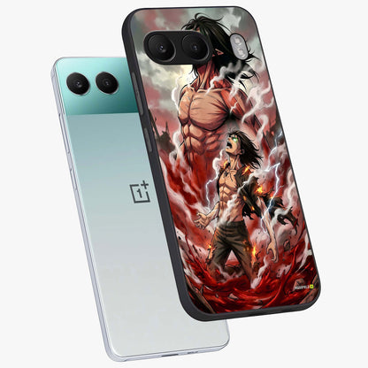 Titan Awakening Fury Glass Case for 1+Nord 4 angled mockup showcasing glossy finish and dramatic action detailing