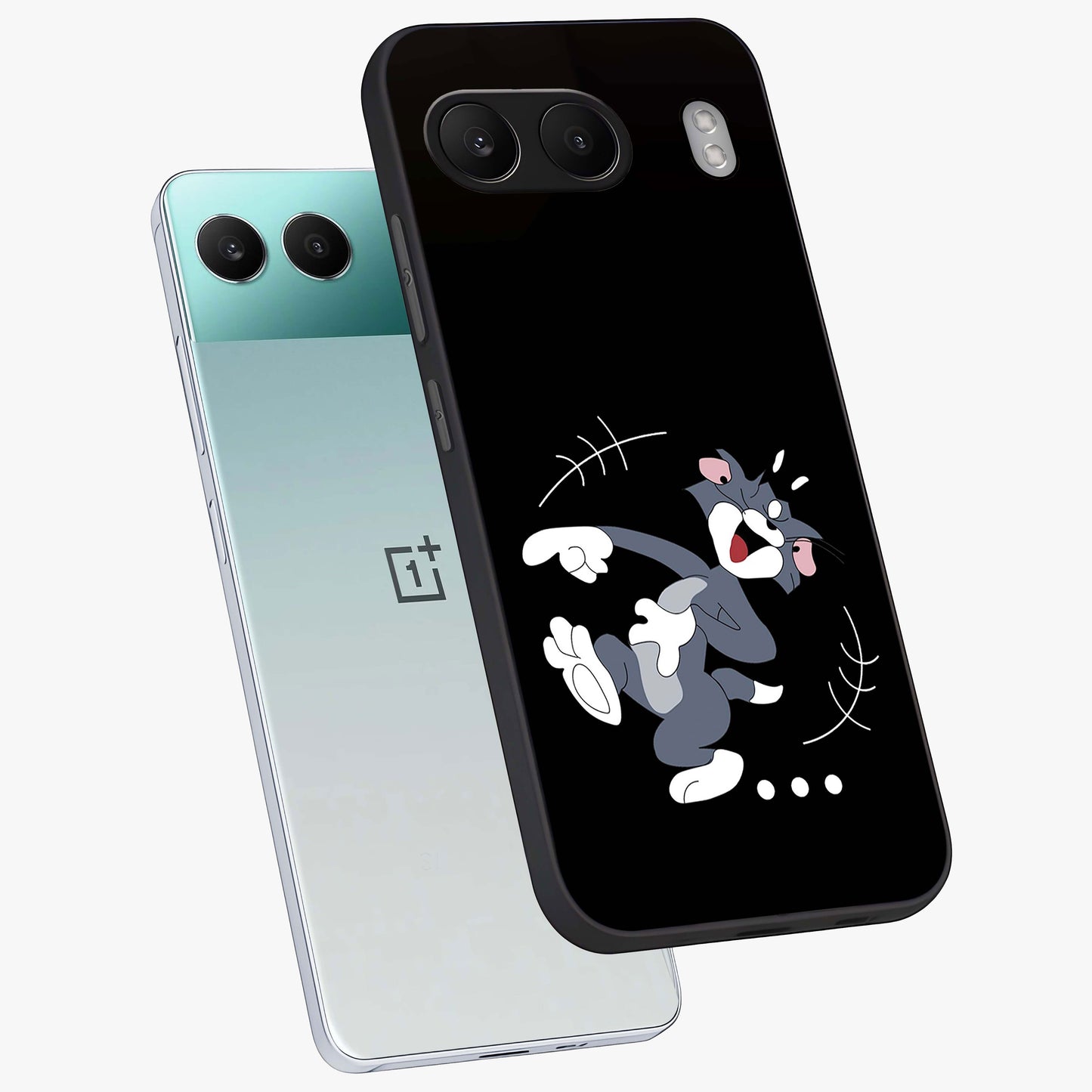 Tom in Trouble Glass Case for 1+Nord 4 angled mockup showcasing glossy finish and vibrant cartoon detailing