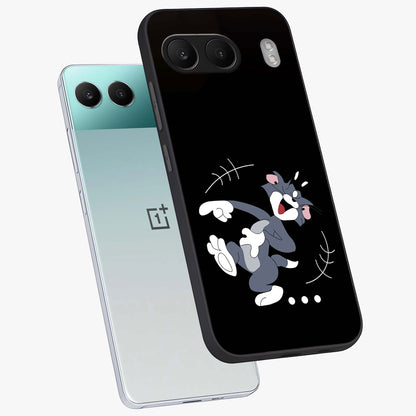 Tom in Trouble Glass Case for 1+Nord 4 angled mockup showcasing glossy finish and vibrant cartoon detailing