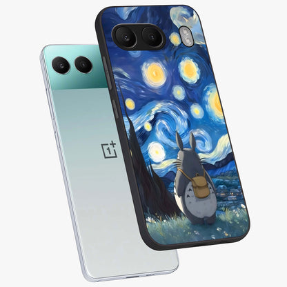 Totoro in Van Gogh Art Glass Case for 1+Nord 4 angled mockup showcasing glossy finish and vibrant brushstroke detailing