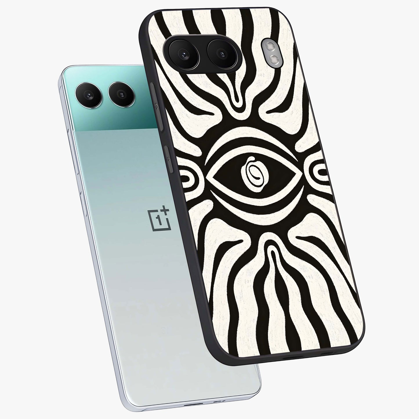 Trancewave Illusion Art Glass Case for 1+Nord 4 angled mockup showcasing glossy finish and psychedelic detailing