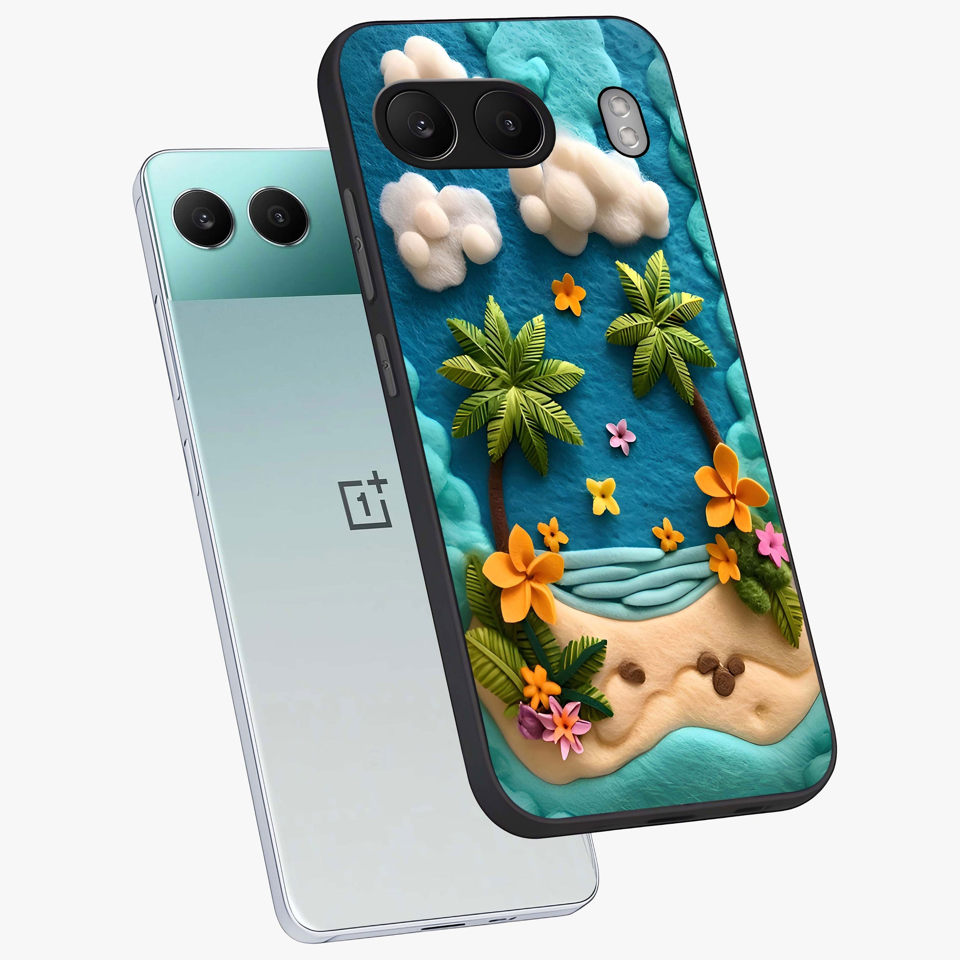 Tropical Felt Escape Glass Case for 1+Nord 4 angled mockup showcasing glossy finish and vibrant island tones