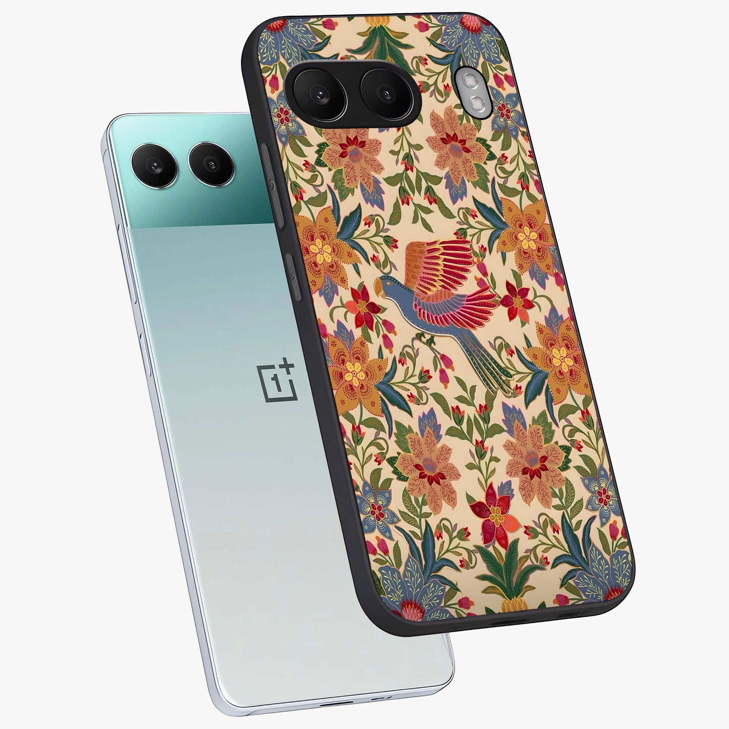 Tropical Folk Art Bird Glass Case for 1+Nord 4 angled mockup showcasing glossy finish and rich cultural tones