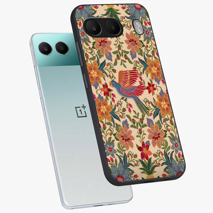 Tropical Folk Art Bird Glass Case for 1+Nord 4 angled mockup showcasing glossy finish and rich cultural tones