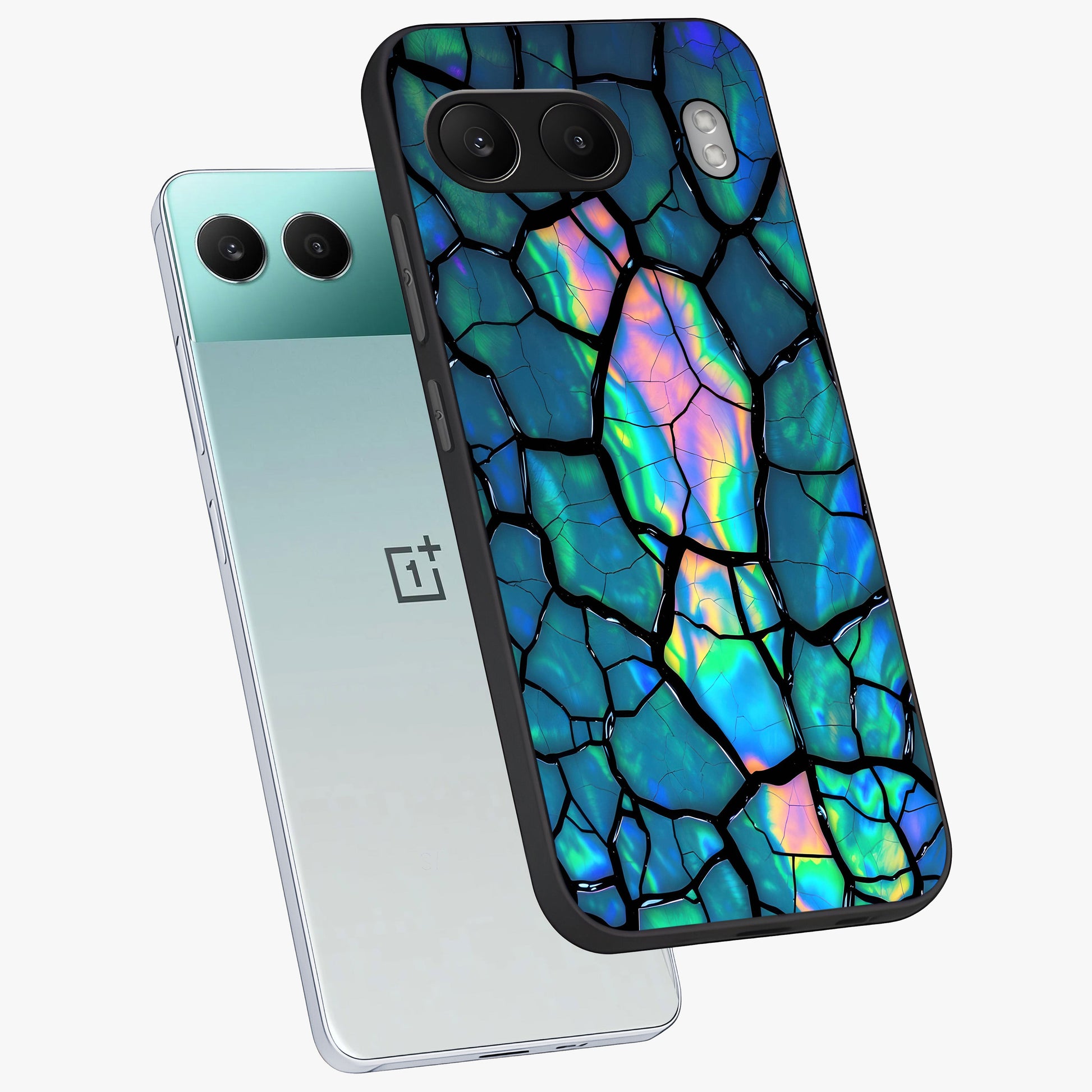 Tropical Wing Vibe Glass Case for 1+Nord 4 angled mockup showcasing glossy finish and bold gradient detailing