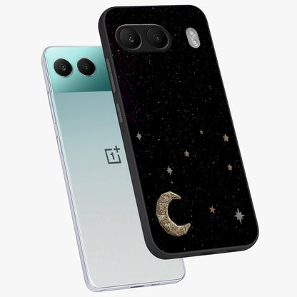 Twinkle Star With Half Moon Glass Case for 1+Nord 4 angled mockup showcasing glossy finish and celestial night tones